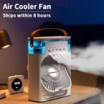 Black portable 3-in-1 fan air cooler with integrated LED light and humidifier unit on white background