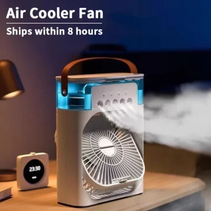 Black portable 3-in-1 fan air cooler with integrated LED light and humidifier unit on white background