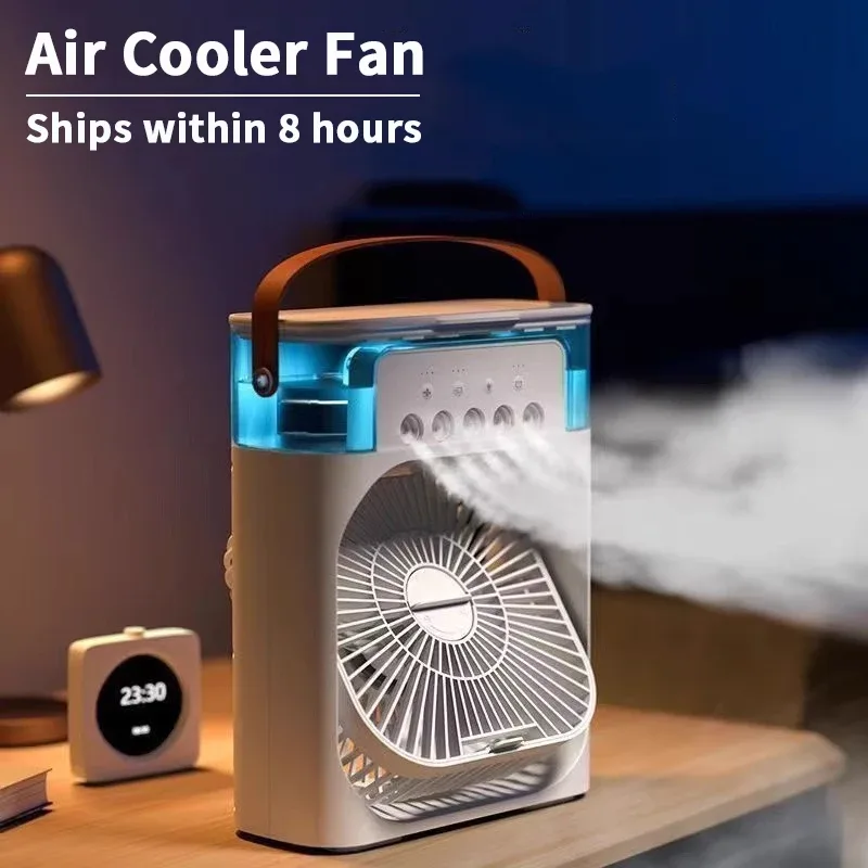 Black portable 3-in-1 fan air cooler with integrated LED light and humidifier unit on white background