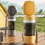 A two-part pet water bottle in a grey and yellow color scheme shown assembled.