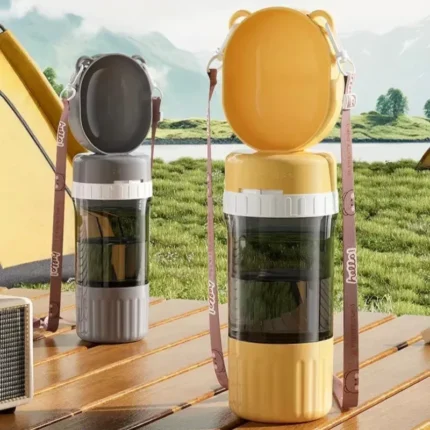 A two-part pet water bottle in a grey and yellow color scheme shown assembled.