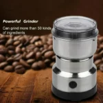 Silver electric grinder with four-blade grinding chamber and push-button control