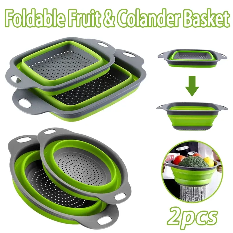 Square-Blue silicone drainer basket shown expanded in a kitchen sink