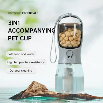 3-in-1 dog feeder showing integrated food container, water dispenser, and poop bag holder