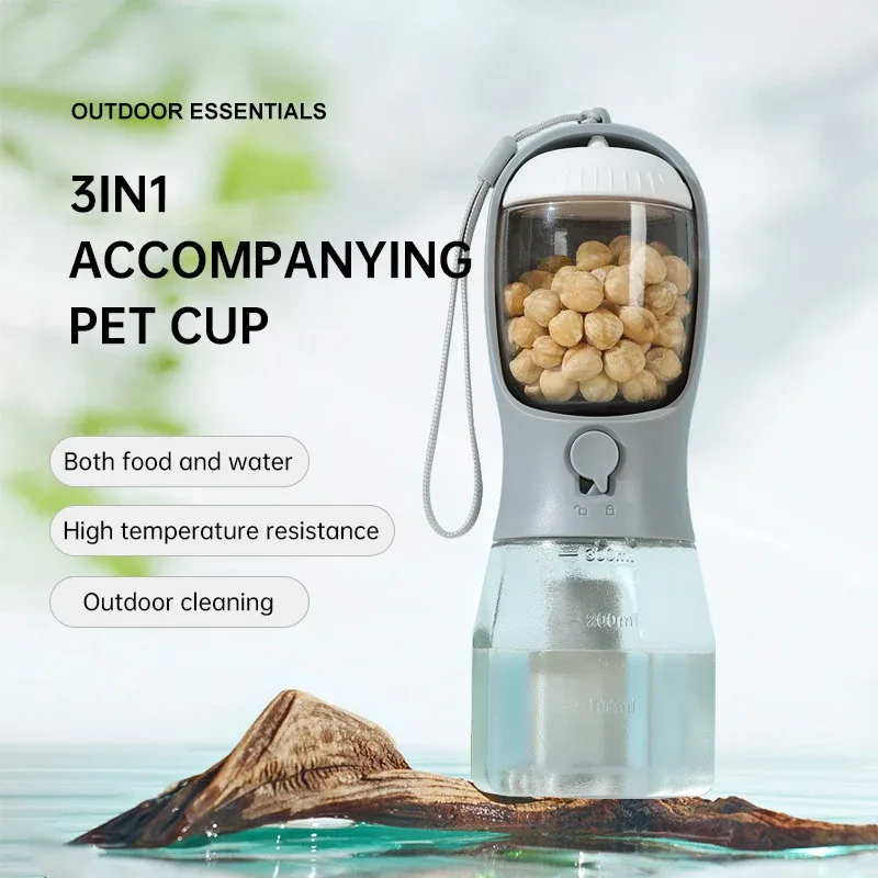 3-in-1 dog feeder showing integrated food container, water dispenser, and poop bag holder
